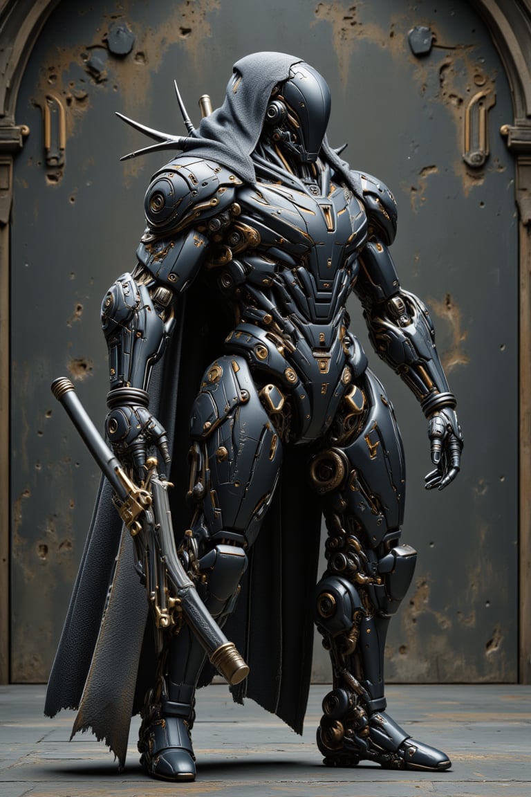 The prompt for this image was:

A powerful mecha with a polymer body covered in rugged black gold plastic armor stands ready to attack. Its right arm is constructed from thick, iron chains, while its legs are formed from twisted iron wires, giving it a mechanical, industrial appearance. A long, torn leather robe covers its head, fluttering slightly as it moves, creating a sense of mystery and wear from battle. implan text on the body, The mecha grips a massive, futuristic gun in its remaining hand, the weapon radiating power and danger. The scene captures the mecha in an aggressive, action-ready stance, as if about to strike