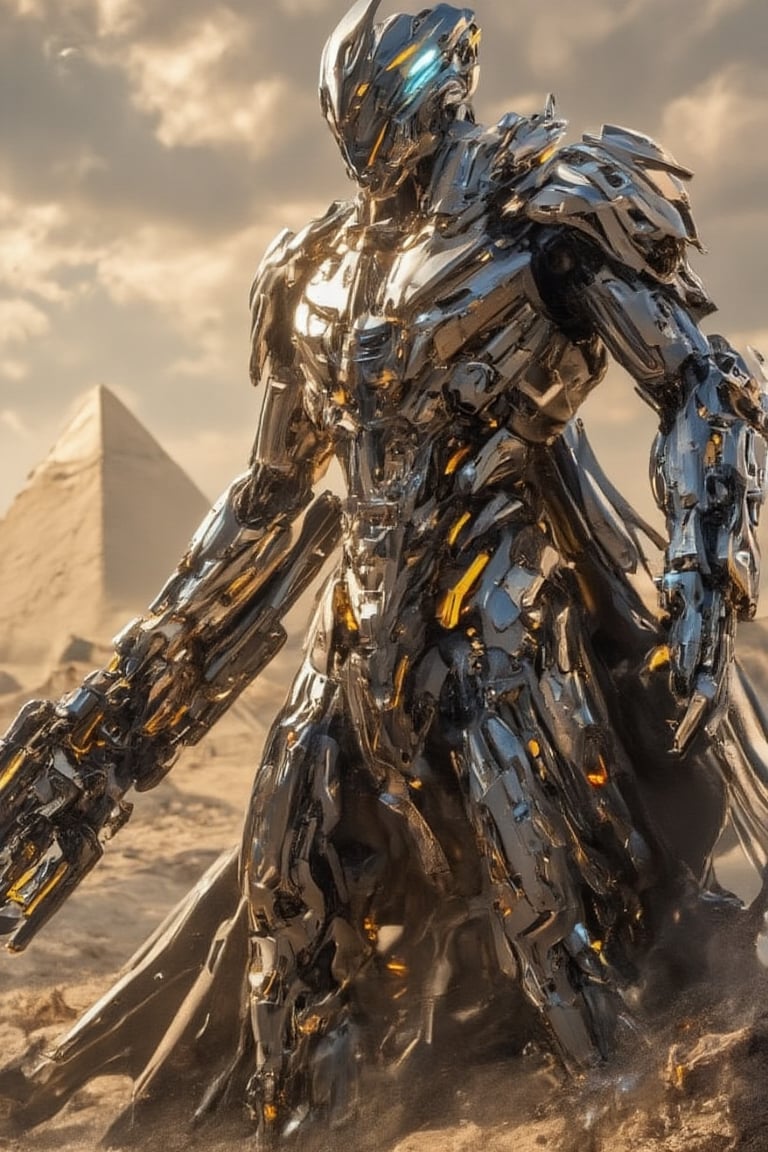 The prompt for this image was:

A sleek humanoid warrior mecha with a glossy, porcelain-like body, featuring intricate, highly detailed surfaces and futuristic design. The mecha is holding a large, complex gun with mechanical precision. It stands in a vast desert landscape, with the warm sun casting dramatic shadows across its reflective body. In the background, a massive pyramid structure rises from the sandy horizon. The image is in sharp focus, highlighting both the fine details of the mecha and the distant pyramid, with a contrast between the sleek, polished textures and the rugged desert terrain