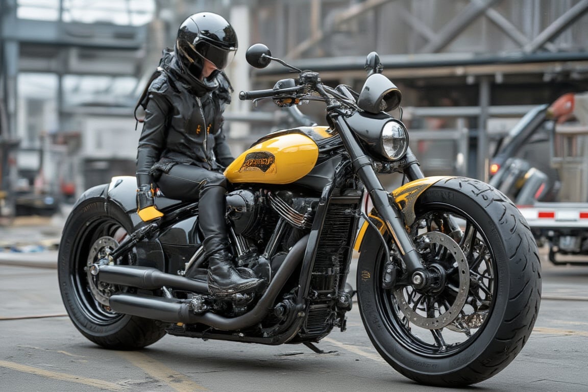 A hyperrealistic hdr photo of a custom chopper motorcycle with an extended front fork, small front tyre, and large rear tyre, featuring yellow, black, and chrome finishes, custom detailing, and a low-slung seat. The design combines vintage and modern aesthetics against a simple outdoor setting, emphasizing the bike's rebellious and unique style. A girl is riding and standing on the bike like a model, with vivid and vibrant colors, realistic detailed, and sharp focus.