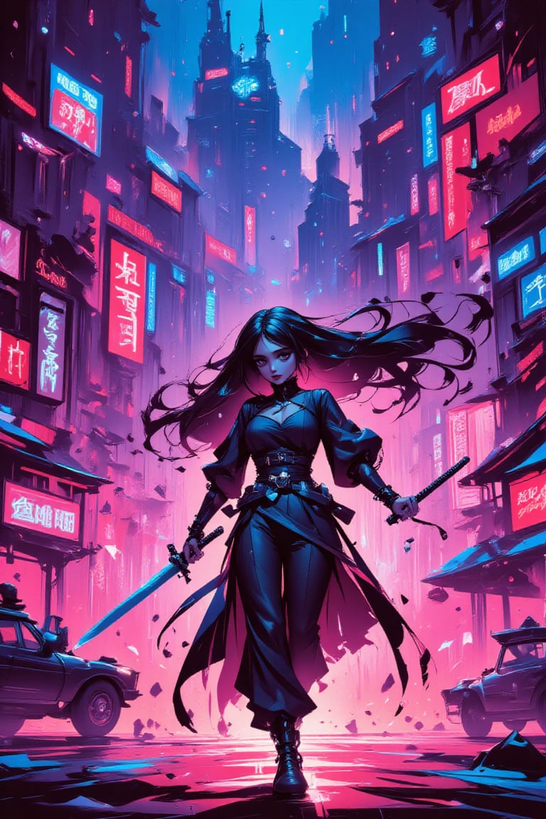 The prompt for this image was:

An anime-style ninja with long flowing hair, walking confidently down a neon-lit cyberpunk street. The ninja is dressed in a mix of traditional ninja garb and futuristic cyberpunk attire, featuring glowing tech details and sleek armor. The vibrant cityscape around them is full of towering skyscrapers, holographic signs, and bright neon lights. The ninja carries a massive katana on their back, contrasting with the energetic, high-tech urban environment. The scene is rich with vivid, vibrant colors, creating a striking and dynamic atmosphere