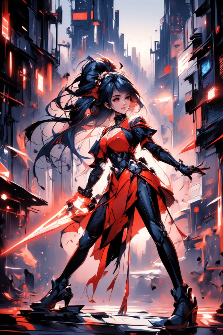 The prompt for this image was:

A full-body view of an anime fighter mecha in a dynamic action pose. The mecha is armed with both a futuristic gun and a glowing energy sword, wearing a luminous, glowing dress-like armor. The backdrop is a vibrant, neon-lit cyberpunk city with towering skyscrapers and streets filled with futuristic tech. The scene is highly detailed with vivid, vibrant colors, showing the reflections of neon lights on the wet ground. The fighter is mid-combat, captured in motion, surrounded by the intense glow of city lights and high-tech elements, giving off an energetic and sci-fi vibe