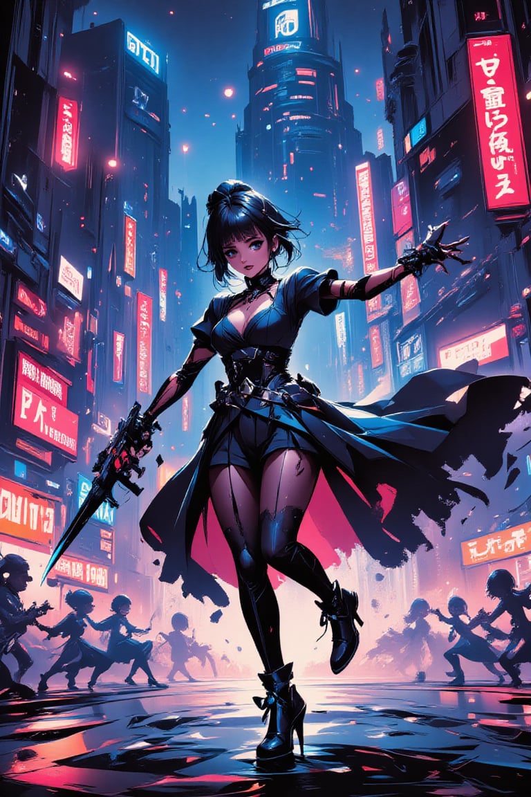 The prompt for this image was:

A full-body view of an anime fighter mecha in a dynamic action pose. The mecha is armed with both a futuristic gun and a glowing energy sword, wearing a luminous, glowing dress-like armor. The backdrop is a vibrant, neon-lit cyberpunk city with towering skyscrapers and streets filled with futuristic tech. The scene is highly detailed with vivid, vibrant colors, showing the reflections of neon lights on the wet ground. The fighter is mid-combat, captured in motion, surrounded by the intense glow of city lights and high-tech elements, giving off an energetic and sci-fi vibe