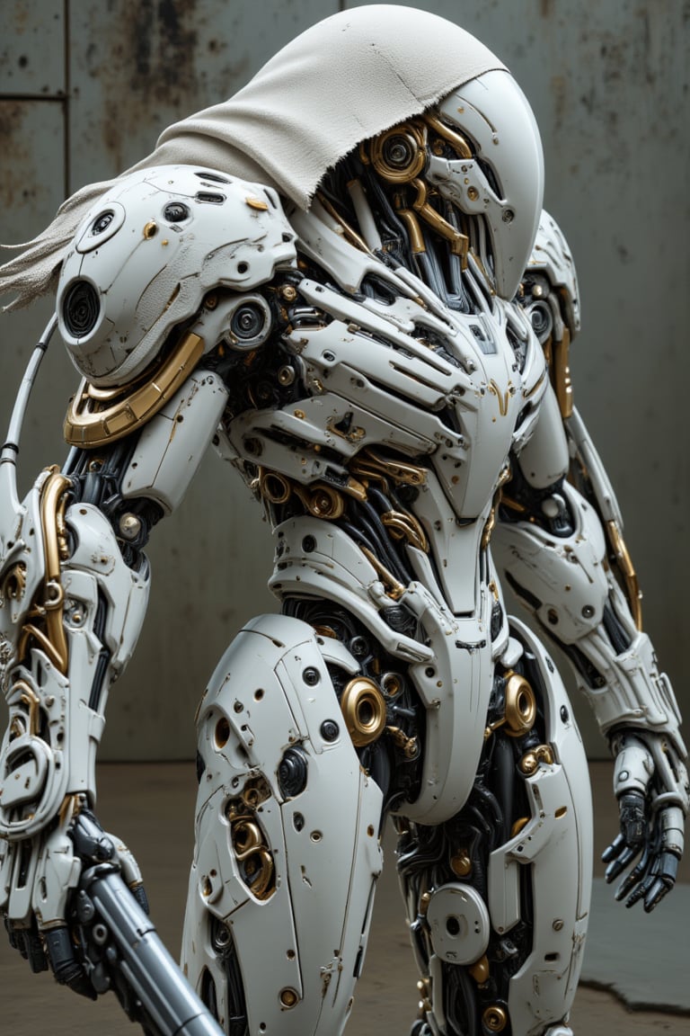 The prompt for this image was:

extreme close up, A powerful mecha with a polymer body covered in rugged white gold plastic armor stands ready to attack. Its right arm is constructed from thick, iron chains, while its legs are formed from twisted iron wires, giving it a mechanical, industrial appearance. A long, torn leather robe covers its head, fluttering slightly as it moves, creating a sense of mystery and wear from battle. The mecha grips a massive, futuristic gun in its remaining hand, the weapon radiating power and danger. The scene captures the mecha in an aggressive, action-ready stance, as if about to strike