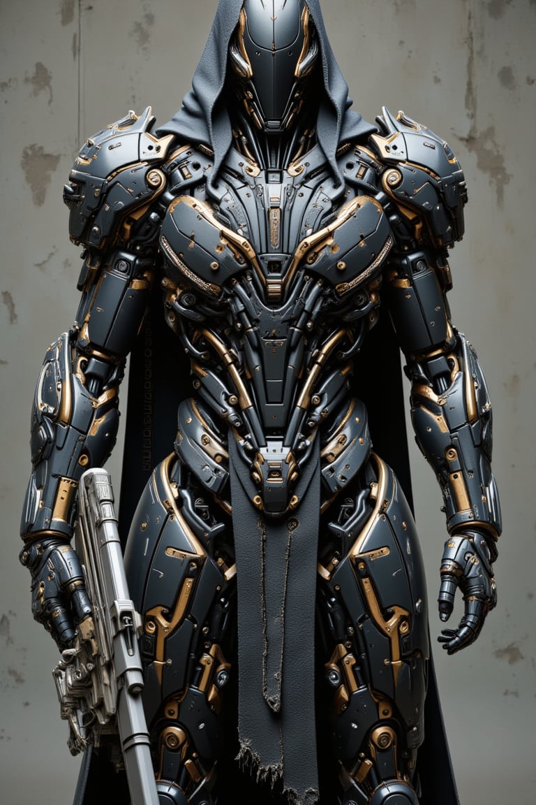 The prompt for this image was:

A powerful mecha with a polymer body covered in rugged black gold plastic armor stands ready to attack. Its right arm is constructed from thick, iron chains, while its legs are formed from twisted iron wires, giving it a mechanical, industrial appearance. A long, torn leather robe covers its head, fluttering slightly as it moves, creating a sense of mystery and wear from battle. implan text on the body, The mecha grips a massive, futuristic gun in its remaining hand, the weapon radiating power and danger. The scene captures the mecha in an aggressive, action-ready stance, as if about to strike