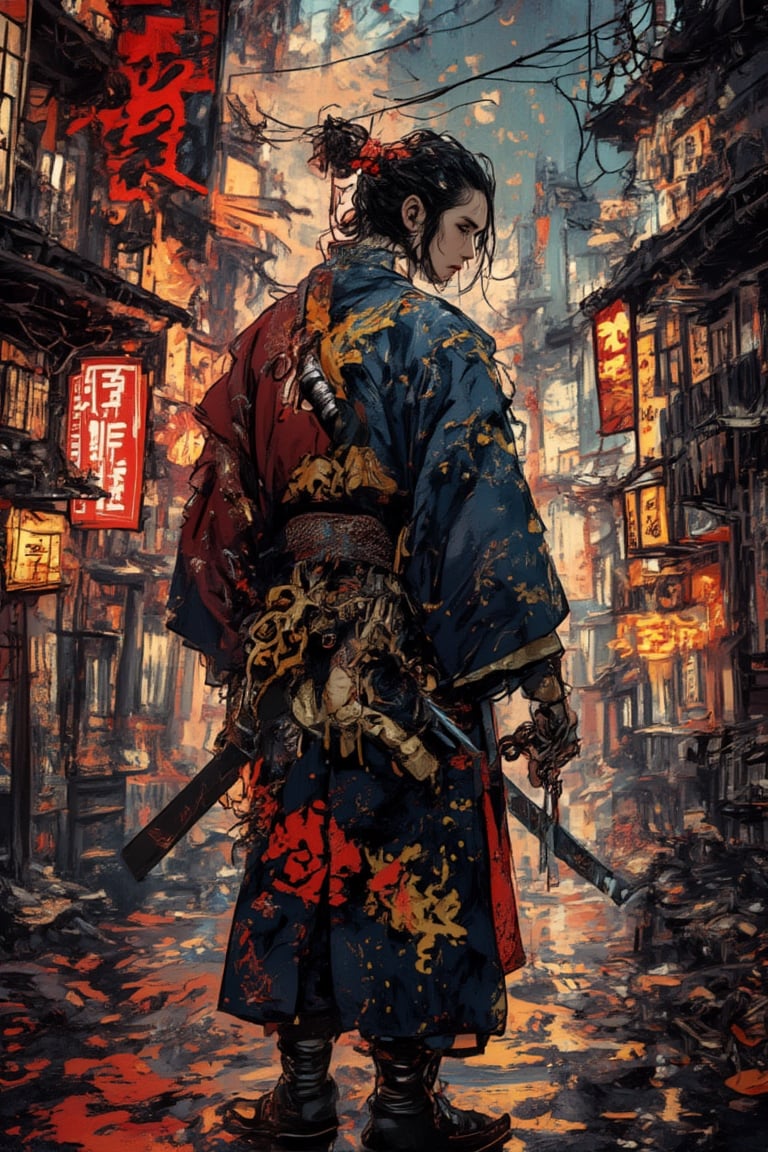 The prompt for this image was:

portrait, caligraphy art, oil ink painting, RAW effect, mixed alcohol ink, full body view, yakuza man, standing on the old village with dynamic post, wearing an old ninja kimono, highly detailed, with a face as if looking back, holding and pulling a katana sword from behind the body, in a position of action and ready to attacking, highly detailed, cyberpunk city background with Japanese characters and glowing signs, anime render effect, vivid and vibrant colors, sharp focus