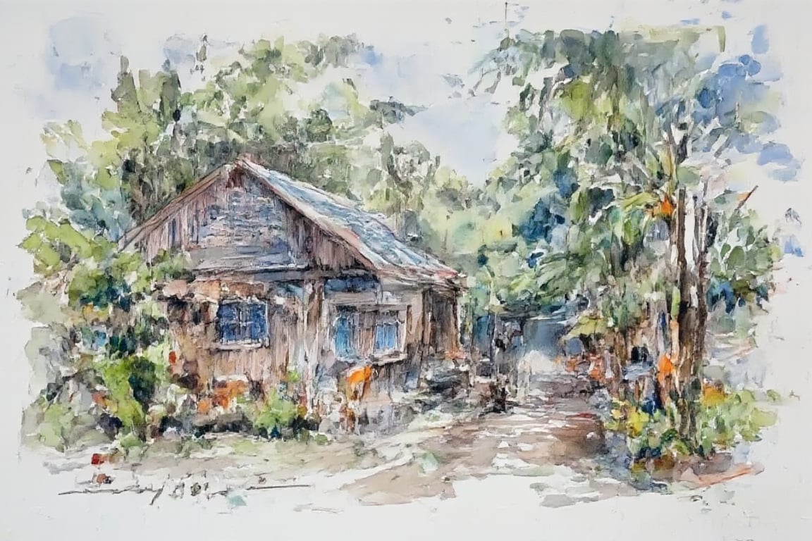 The prompt for this image was:

An oil ink painting of a small traditional Malay house with a plank wall and a zinc roof, surrounded by coconut trees and banana trees, with a dirty path leading up to it, set in a typical Malay village with a rustic and raw artistic effect, vivid and vibrant colors, sharp focus. oil ink sketch