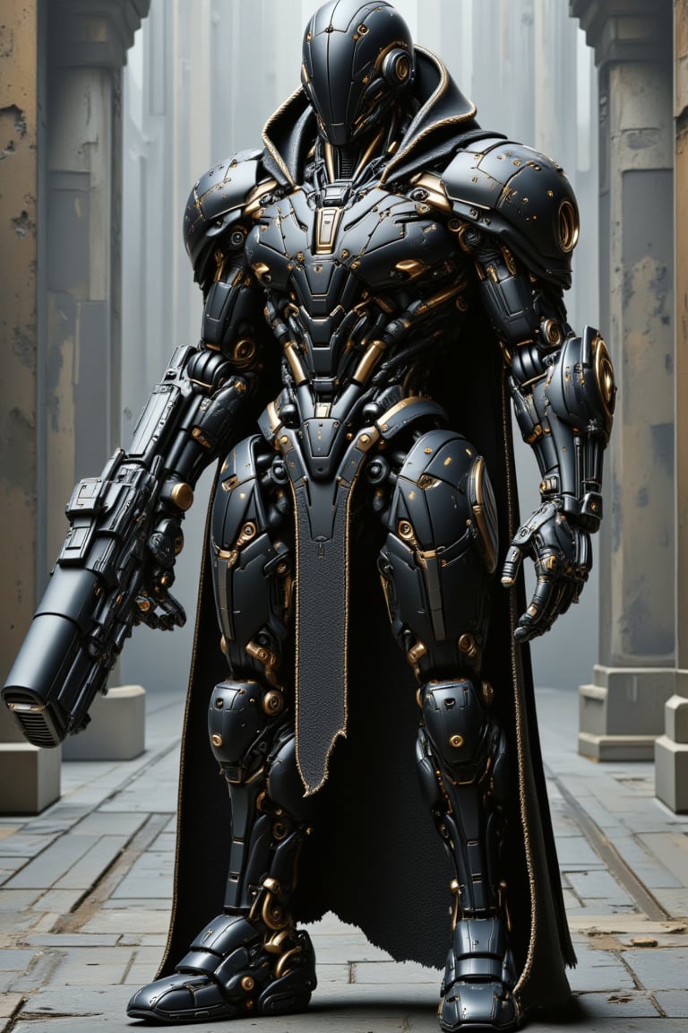 The prompt for this image was:

A powerful mecha with a elegen polymer body covered in rugged black gold plastic armor stands ready to attack. Its right arm is constructed from thick, iron chains, while its legs are formed from twisted iron wires, giving it a mechanical, industrial appearance. A long, torn leather robe covers its head, fluttering slightly as it moves, creating a sense of mystery and wear from battle. implan text on the body, The mecha grips a massive, futuristic gun in its remaining hand, the weapon radiating power and danger. The scene captures the mecha in an aggressive, action-ready stance, as if about to strike