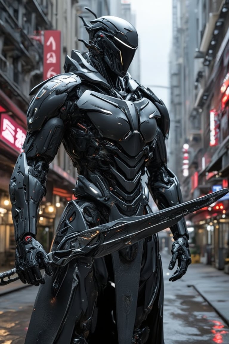 The prompt for this image was:

full body view, A futuristic mecha cyborg humanoid with a sleek polymer body armor, covered with leather torn robe, designed with a metallic black and synthetic blend. The armor is composed of segmented plates chain that cover the chest, arms, and legs, giving a robust yet agile appearance. The mecha's face has a helmet-like structure with glowing eyes. In its hand, it wields a massive, futuristic sword with intricate engravings along the blade, which emits a faint glowing aura. The setting is a dystopian, neon-lit city, with tall, cyberpunk-style buildings in the background, casting reflections off the polished armor