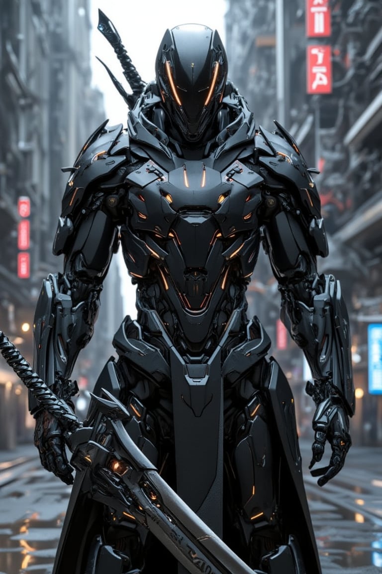 The prompt for this image was:

full body view, A futuristic mecha cyborg humanoid with a sleek polymer body armor, covered with leather torn robe, designed with a metallic black and synthetic blend. The armor is composed of segmented plates chain that cover the chest, arms, and legs, giving a robust yet agile appearance. The mecha's face has a helmet-like structure with glowing eyes. In its hand, it wields a massive, futuristic sword with intricate engravings along the blade, which emits a faint glowing aura. The setting is a dystopian, neon-lit city, with tall, cyberpunk-style buildings in the background, casting reflections off the polished armor