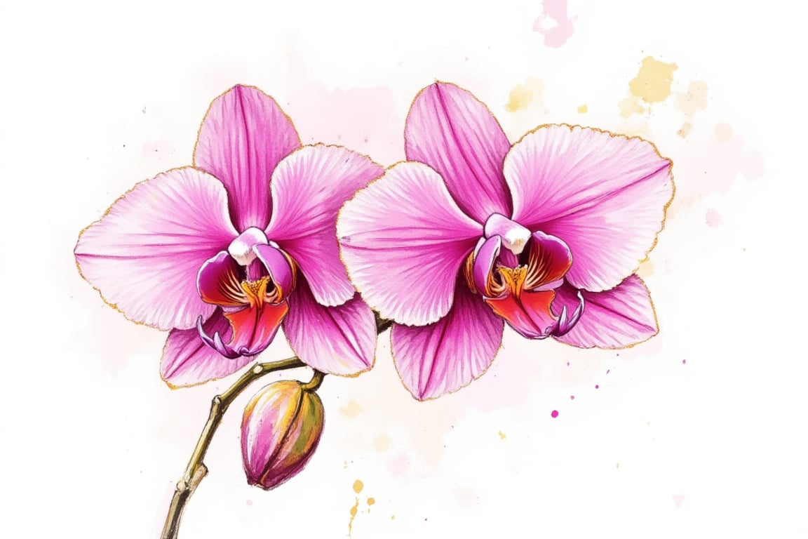 alcohol ink painting, orchid flower with some leaf, RAW effect, batik pattern, highly detailed, gold line outside, vivid and vibrant colors, sharp focus, white background, octane render, trending on artstation