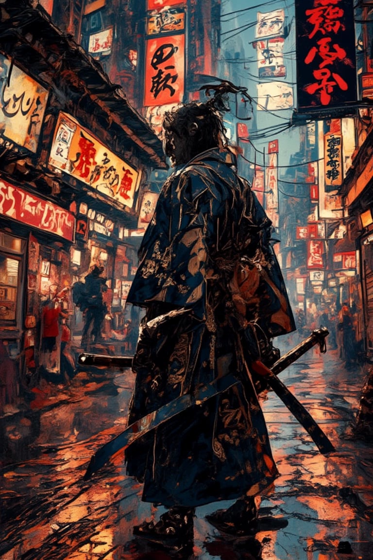 The prompt for this image was:

portrait, caligraphy art, oil ink painting, RAW effect, mixed alcohol ink, full body view, yakuza man, standing on the old village with dynamic post, wearing an old ninja kimono, highly detailed, with a face as if looking back, holding and pulling a katana sword from behind the body, in a position of action and ready to attacking, highly detailed, cyberpunk city background with Japanese characters and glowing signs, anime render effect, vivid and vibrant colors, sharp focus