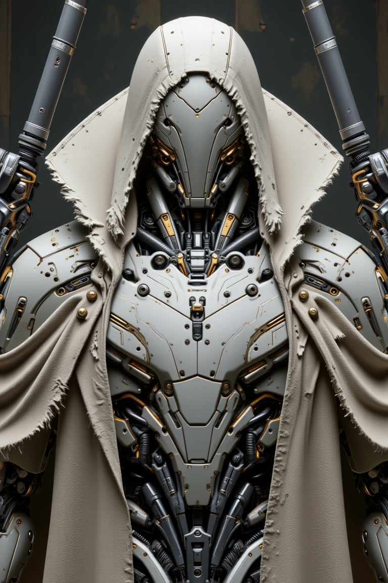 The prompt for this image was:

extreme close up, A powerful mecha with a polymer body covered in rugged white gold plastic armor stands ready to attack. Its right arm is constructed from thick, iron chains, while its legs are formed from twisted iron wires, giving it a mechanical, industrial appearance. A long, torn leather robe covers its head, fluttering slightly as it moves, creating a sense of mystery and wear from battle. The mecha grips a massive, futuristic gun in its remaining hand, the weapon radiating power and danger. The scene captures the mecha in an aggressive, action-ready stance, as if about to strike