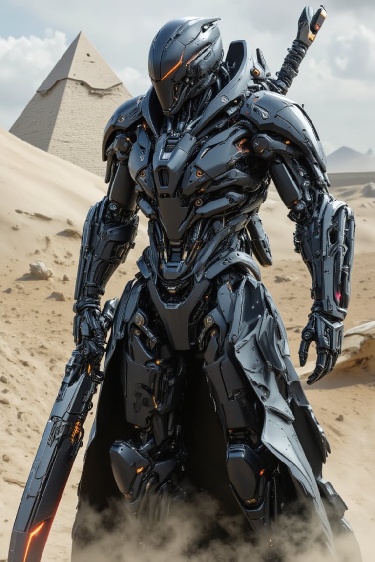 The prompt for this image was:

full body view, A futuristic mecha cyborg humanoid with a sleek polymer body armor, ready to attack, covered with leather torn robe, designed with a metallic black and synthetic blend. The armor is composed of segmented plates that cover the chest, chain arms, and wire legs, giving a robust yet agile appearance. The mecha's face has a helmet-like structure with glowing eyes. In its hand, it wields a massive, futuristic sword with intricate engravings along the blade, which emits a faint glowing aura. The setting in the desert with piramid in the background, casting reflections off the polished armor