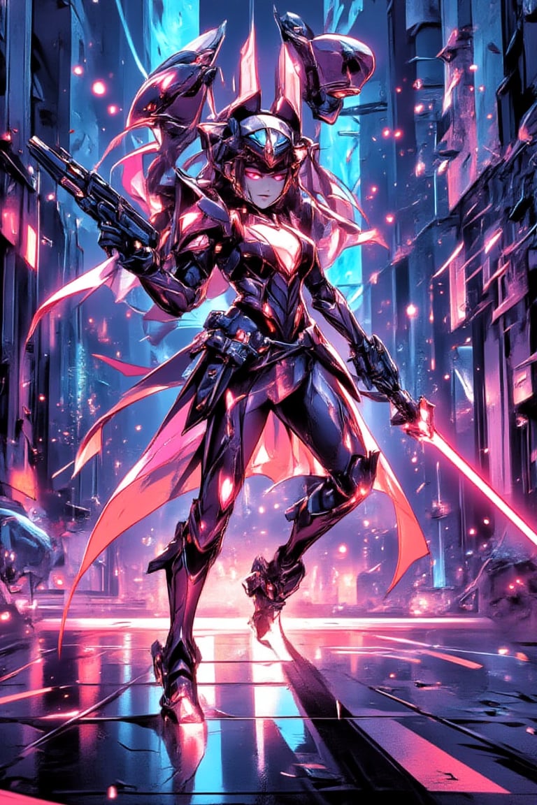 The prompt for this image was:

A full-body view of 5d anime fighter mecha in a dynamic action pose. The mecha is armed with both a futuristic gun and a glowing energy sword, wearing a luminous, glowing dress-like armor. The backdrop is a vibrant, neon-lit cyberpunk city with towering skyscrapers and streets filled with futuristic tech. The scene is highly detailed with vivid, vibrant colors, showing the reflections of neon lights on the wet ground. The fighter is mid-combat, captured in motion, surrounded by the intense glow of city lights and high-tech elements, giving off an energetic and sci-fi vibe