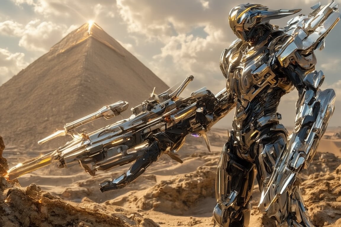 The prompt for this image was:

A sleek humanoid warrior mecha with a glossy, porcelain-like body, featuring intricate, highly detailed surfaces and futuristic design. The mecha is holding a large, complex gun with mechanical precision. It stands in a vast desert landscape, with the warm sun casting dramatic shadows across its reflective body. In the background, a massive pyramid structure rises from the sandy horizon. The image is in sharp focus, highlighting both the fine details of the mecha and the distant pyramid, with a contrast between the sleek, polished textures and the rugged desert terrain