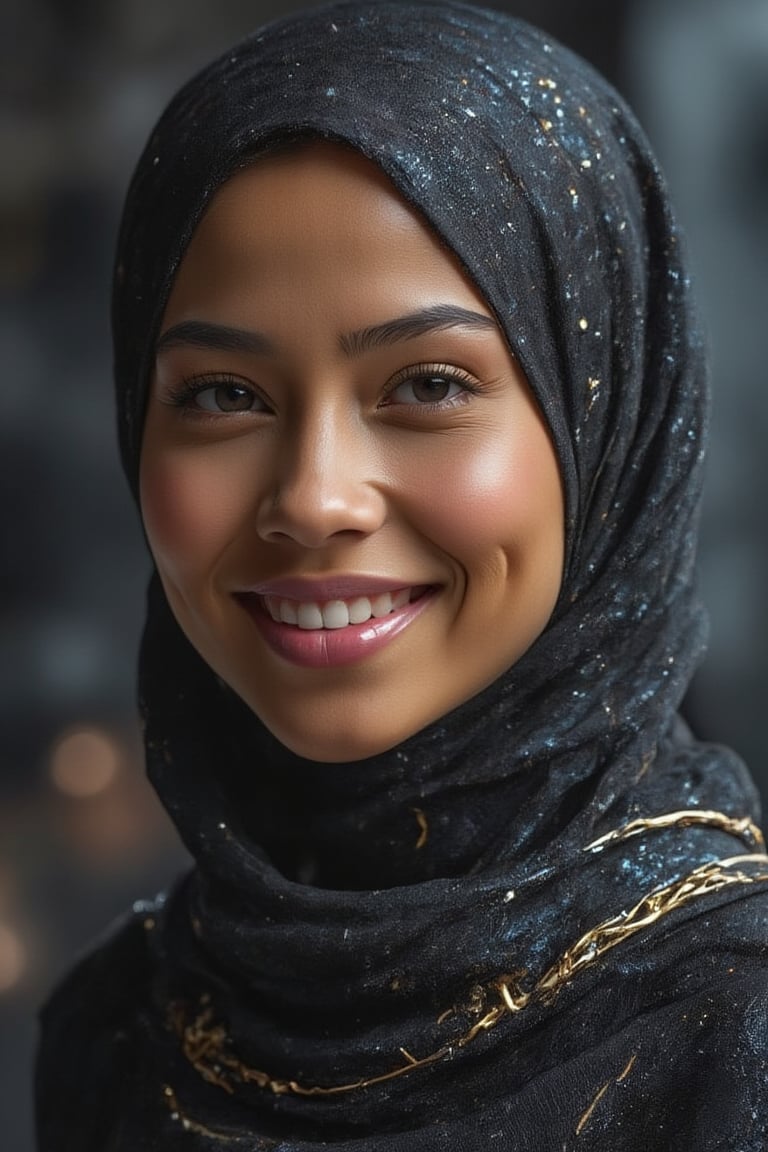 The prompt for this image was:

A beautiful Malay woman wearing a full hijab with a bright, friendly smile. Her hijab is gracefully wrapped, covering her hair and neck in traditional modest attire. Her face radiates warmth and positivity, with soft lighting highlighting her expressive eyes and smooth complexion. The overall mood is calm and serene, with a simple, elegant background to draw focus to her smile and peaceful demeanor