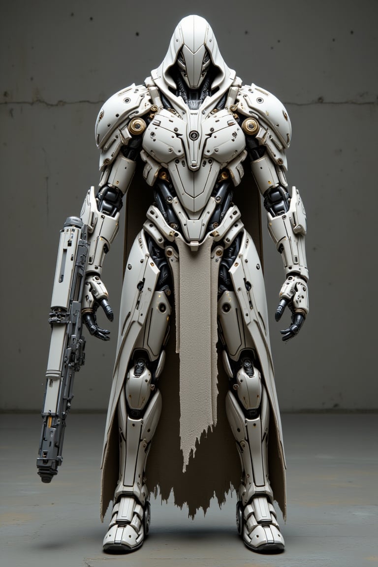 The prompt for this image was:

A powerful mecha with a polymer body covered in rugged white gold plastic armor stands ready to attack. Its right arm is constructed from thick, iron chains, while its legs are formed from twisted iron wires, giving it a mechanical, industrial appearance. A long, torn leather robe covers its head, fluttering slightly as it moves, creating a sense of mystery and wear from battle. The mecha grips a massive, futuristic gun in its remaining hand, the weapon radiating power and danger. The scene captures the mecha in an aggressive, action-ready stance, as if about to strike