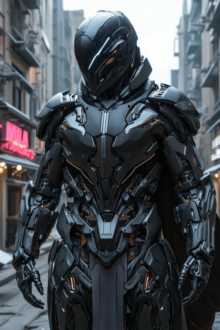 The prompt for this image was:

full body view, A futuristic mecha cyborg humanoid with a sleek polymer body armor, covered with leather torn robe, designed with a metallic black and synthetic blend. The armor is composed of segmented plates chain that cover the chest, arms, and legs, giving a robust yet agile appearance. The mecha's face has a helmet-like structure with glowing eyes. In its hand, it wields a massive, futuristic sword with intricate engravings along the blade, which emits a faint glowing aura. The setting is a dystopian, neon-lit city, with tall, cyberpunk-style buildings in the background, casting reflections off the polished armor