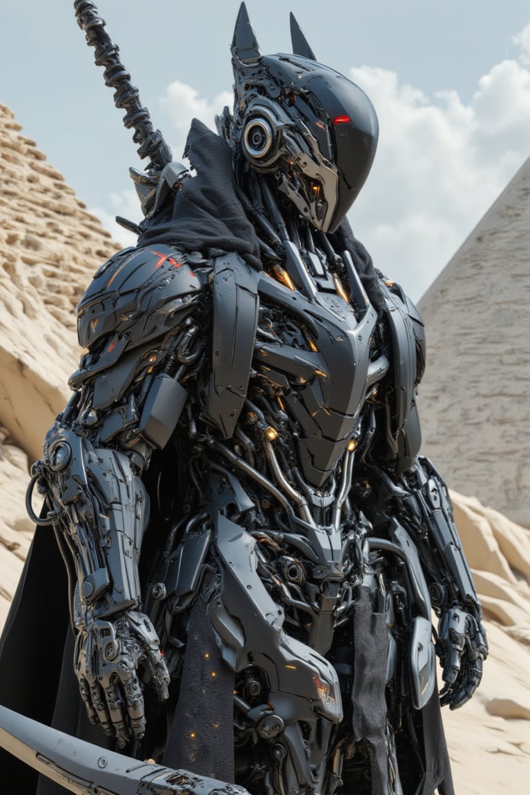 The prompt for this image was:

full body view, A futuristic mecha cyborg humanoid with a sleek polymer body armor, ready to attack, covered with leather torn robe, designed with a metallic black and synthetic blend. The armor is composed of segmented plates that cover the chest, chain arms, and wire legs, giving a robust yet agile appearance. The mecha's face has a helmet-like structure with glowing eyes. In its hand, it wields a massive, futuristic sword with intricate engravings along the blade, which emits a faint glowing aura. The setting in the desert with piramid in the background, casting reflections off the polished armor