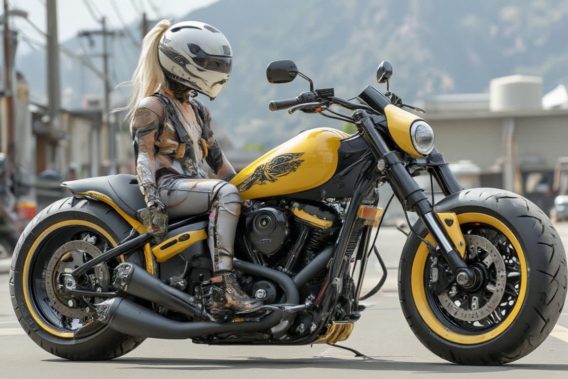 A hyperrealistic painting of a custom chopper motorcycle with an extended front fork, small front tyre, and large rear tyre, featuring yellow, black, and chrome finishes, custom detailing, and a low-slung seat. The design combines vintage and modern aesthetics against a simple outdoor setting, emphasizing the bike's rebellious and unique style. A girl is riding and standing on the bike like a model, with vivid and vibrant colors, realistic detailed, and sharp focus.