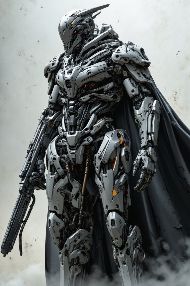 The prompt for this image was:

A powerful mecha with a polymer body covered in rugged white gold plastic armor stands ready to attack. Its right arm is constructed from thick, iron chains, while its legs are formed from twisted iron wires, giving it a mechanical, industrial appearance. A long, torn leather robe covers its head, fluttering slightly as it moves, creating a sense of mystery and wear from battle. The mecha grips a massive, futuristic gun in its remaining hand, the weapon radiating power and danger. The scene captures the mecha in an aggressive, action-ready stance, as if about to strike