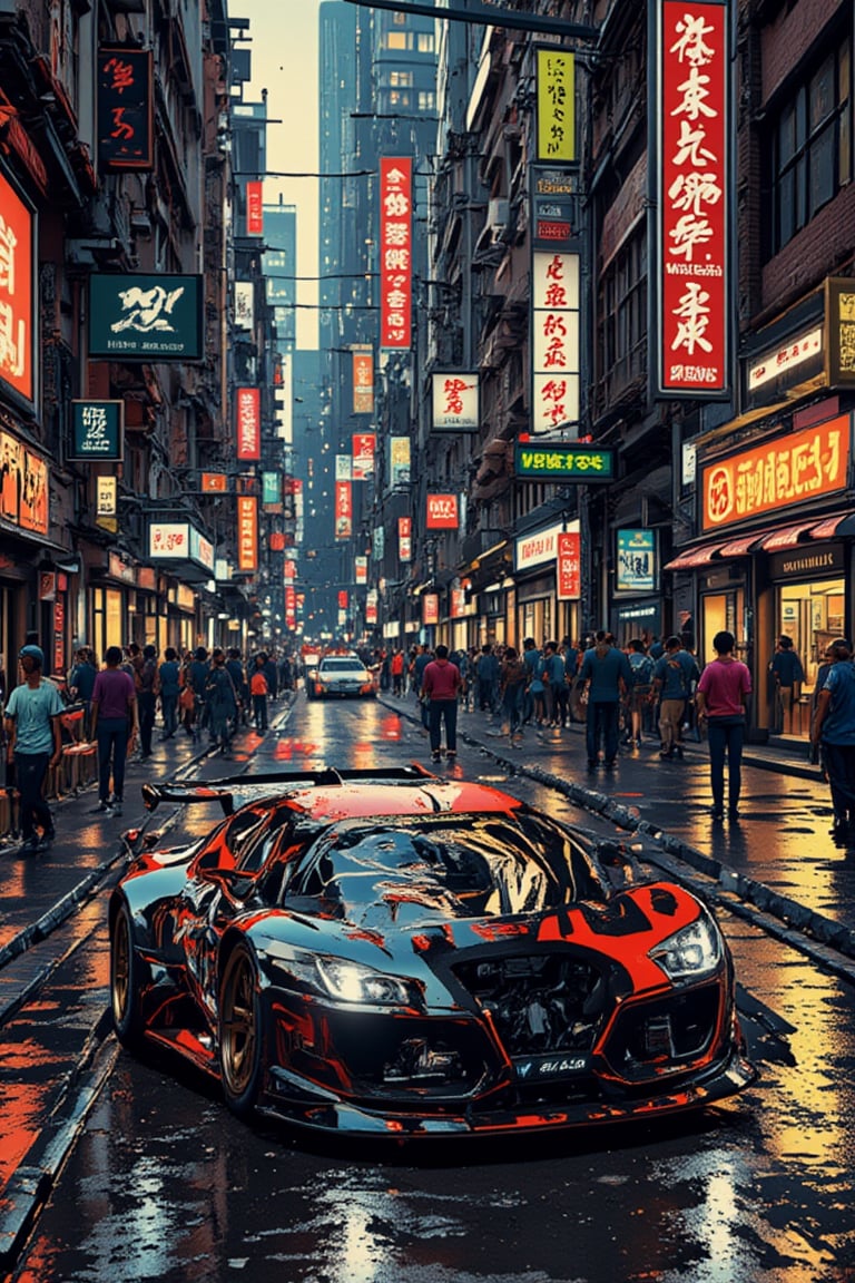 The prompt for this image was:

portrait, poster, calligraphy art, oil ink painting, RAW effect, mixed alcohol ink, Mitsubishi EVOLUTION MR9 modified car in an old village with dynamic pose, with racing vinyl on the body, scratches, highly detailed, realistic detail, cyberpunk city background with Japanese characters and glowing signs, anime render effect, vivid and vibrant colors, sharp focus, trending on ArtStation