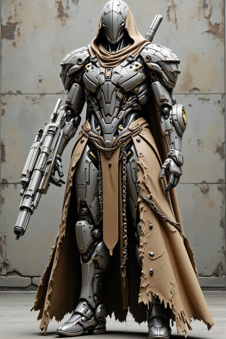 The prompt for this image was:

A powerful mecha with a polymer body covered in rugged white gold plastic armor stands ready to attack. Its right arm is constructed from thick, iron chains, while its legs are formed from twisted iron wires, giving it a mechanical, industrial appearance. A long, torn leather robe covers its head, fluttering slightly as it moves, creating a sense of mystery and wear from battle. The mecha grips a massive, futuristic gun in its remaining hand, the weapon radiating power and danger. The scene captures the mecha in an aggressive, action-ready stance, as if about to strike