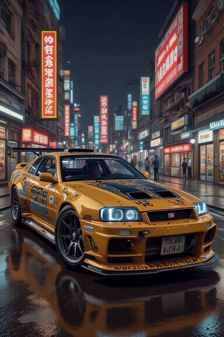 The prompt for this image was:

portrait, hyperrealistic, HDR photo, high resolution, RAW effect, Nissan GTR R34 modified car on the old village with dynamic post, yellow black colors, with racing vinyl on the body and scratch, highly detailed, realistic detailed, cyberpunk city background with Japanese characters and glowing signs, anime render effect, vivid and vibrant colors, sharp focus, trending on artstation