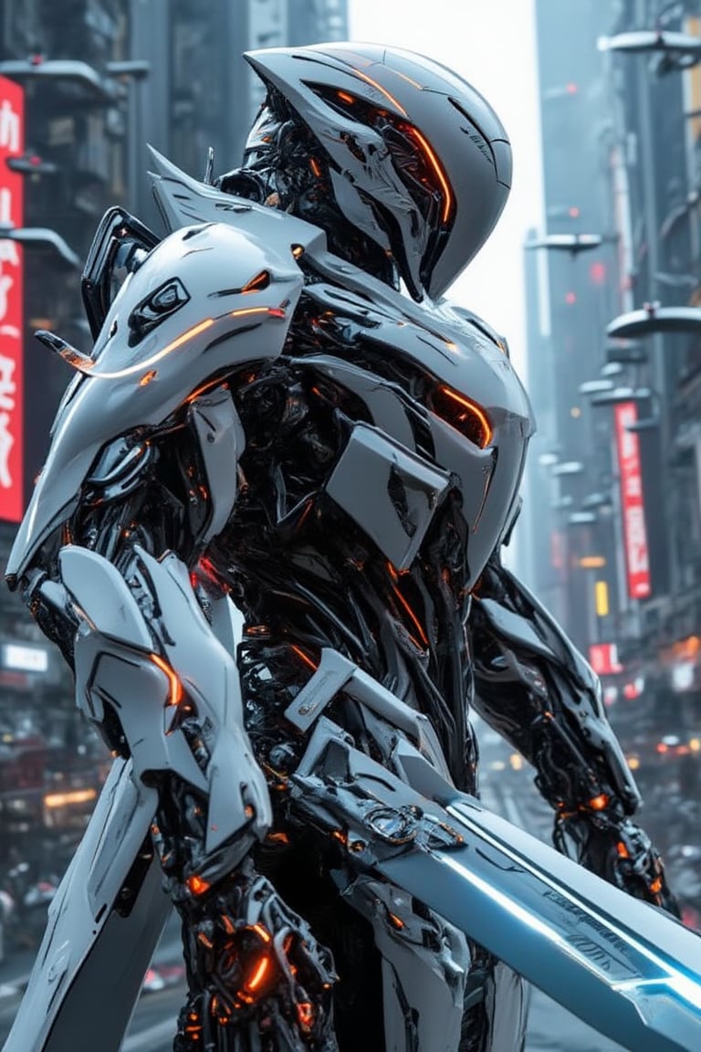 Create a futuristic mecha fighter designed with sleek, modular plastic armor that features vibrant colors and a gradient effect. The mecha is standing in a dynamic pose, holding a luminous sword with a glowing energy core, emitting beams of light. The background should depict a neon-lit cityscape, showcasing tall skyscrapers and flying drones. The armor should have LED accents that pulse with light, and the overall design should emphasize agility and advanced technology