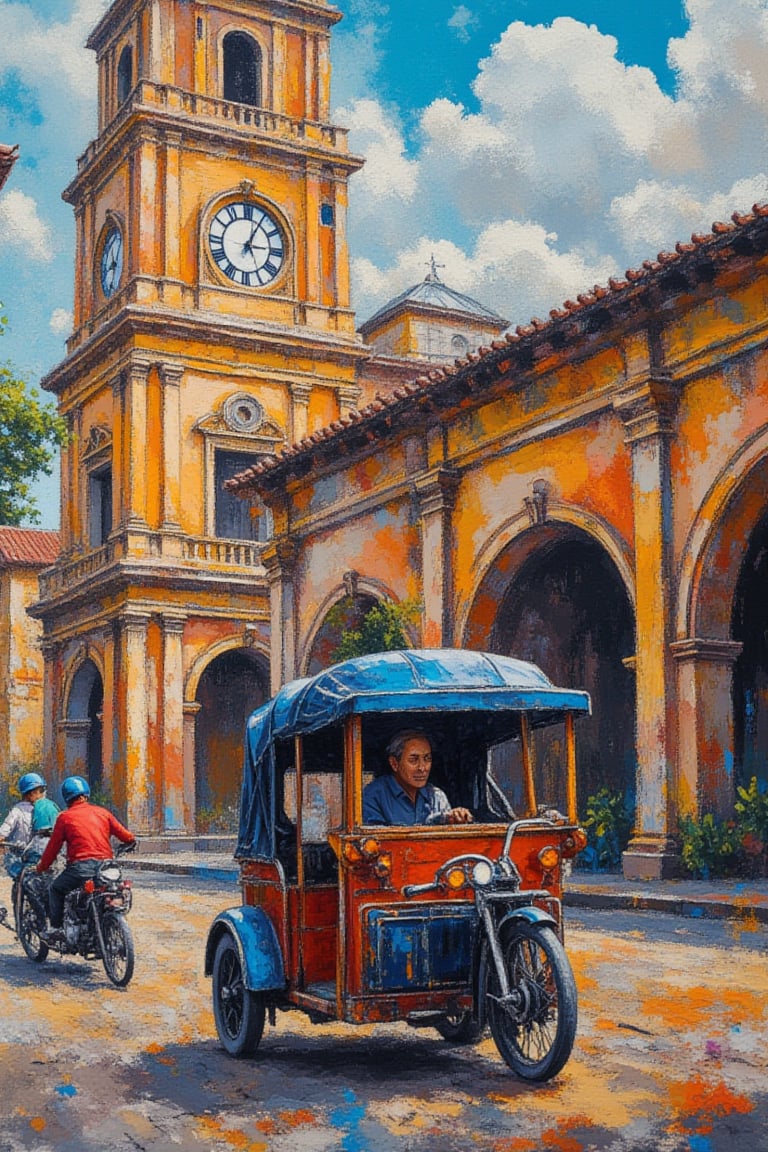 portrait, close up, oil ink painting, RAW effect, an old tricycle on the side of the road, background of old historic buildings, Melaka city, big clock, vivid and vibrant colors, sharp focus, highly detailed, clear fine, trending on artstation