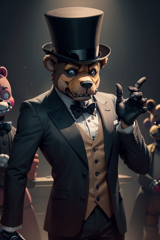 Fnaf, Freddy Fazbear, Bear, Top hat, anthropomorphic, animatronic, robotic, looking at viewer, holding mic