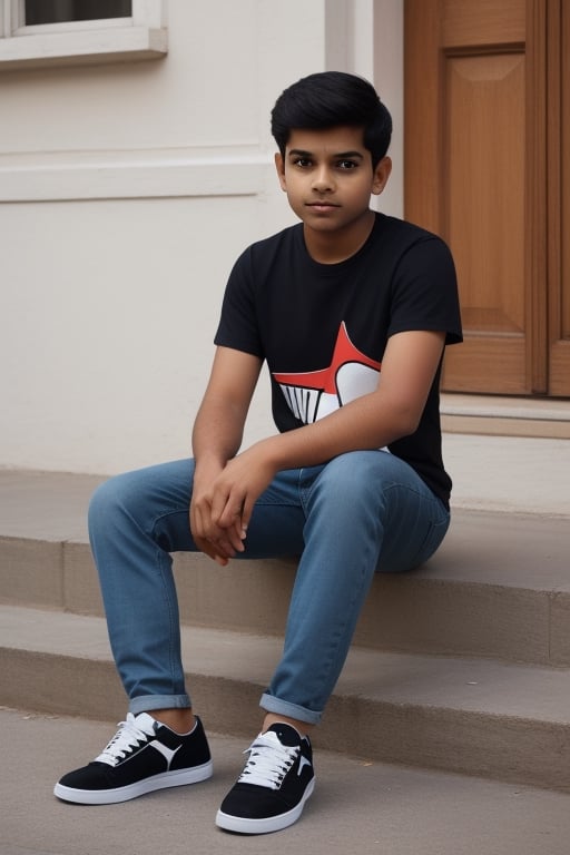 Indian boy wearing casual t shirt and casual jeans wearing a Puma black shoes
