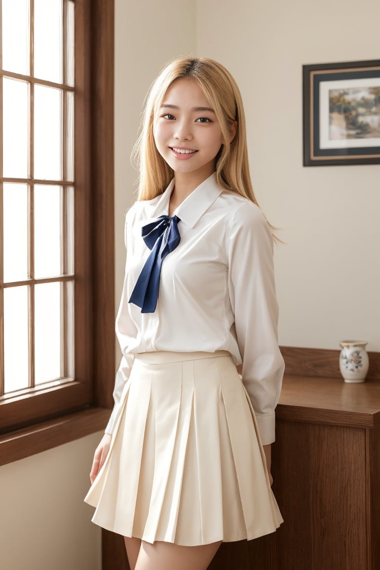 A beautifully detailed, sharp-focus scene featuring a 15-year-old Asian girl, youthful and radiant, as she leans back with a genuine smile. Her long light blonde hair flows naturally as she relaxes in a cozy room adorned with whimsical children's artwork. The setting captures a peaceful moment, with soft light highlighting her striking, expressive eyes, soft baby-fat face, high nose, and slim, delicate proportions. Her soft, youthful skin and slender frame are shown in a cowboy shot, emphasizing her graceful, healthy figure. She is wearing a traditional Japanese high school uniform with a navy pleated skirt and a white sailor-style blouse with a ribbon tie. The blouse is neatly worn, and her sleeves are casually rolled up, giving her a relaxed and carefree look. The scene radiates warmth and innocence, focusing on the girl’s natural beauty and the comforting atmosphere around her.