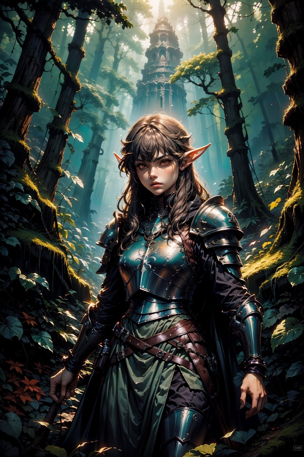 half_elf, young, lone_ranger, orange eyes, brown hair, naofumi iwatami, scale armor, forest background, ready to fight, dynamic_pose, dungeons and dragons, (medium long shot), high quality, Magic Forest,nodf_lora