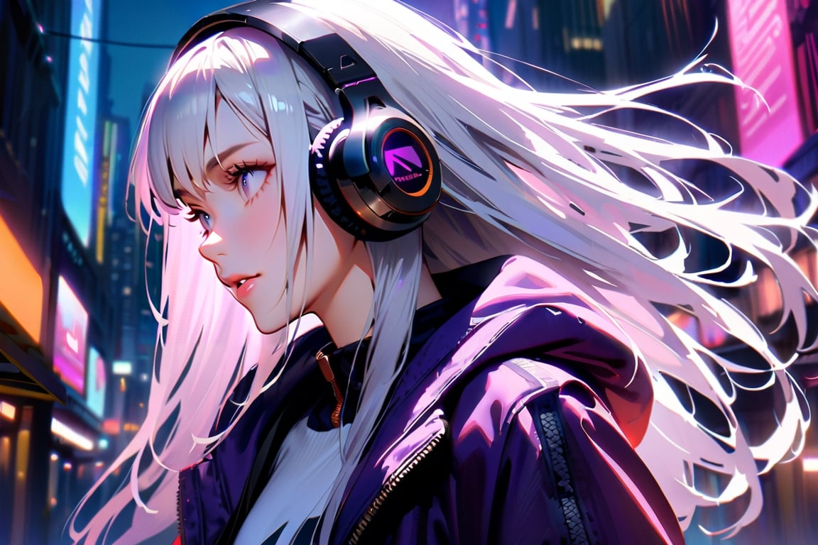 1 girl, white hair, long hair, technological clothing masterpiece, best quality, realistic, realism, dark purple jacket, portrait, detailed eyes, wearing headphones, platinum hair, 21 year old girl, fashion pose, half body, shot wide, on the street, cyberpunk