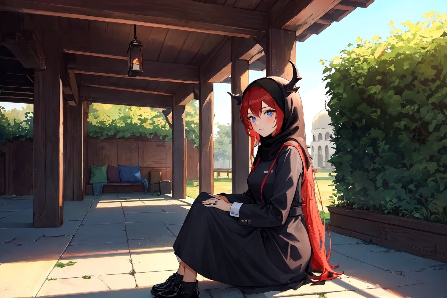 (1 girl in hijab), mosque courtyard, cowboy shot, sitting, origen, full body, (16k), (best quality), red hair, long hair, blue eyes, dragon horns,