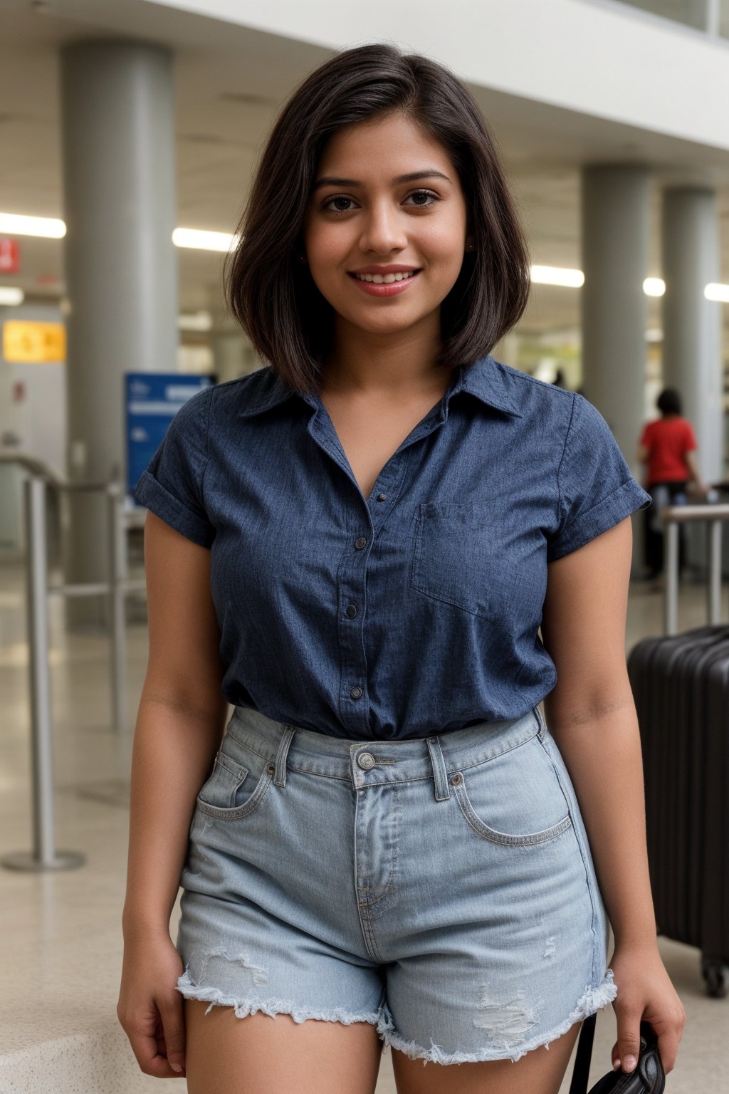 A photorealistic portrait of an 25-year-old Indian girl with captivating beauty, her hair styled in a chic bob and dyed ,wearing cord patterned blue shirt and and cotton shorts, curvy body, chic bob hair style, s , at  platform airport,The girl's expression should be smiling and contentment, showcasing her enjoyment of the moment , front view

,SD 1.5