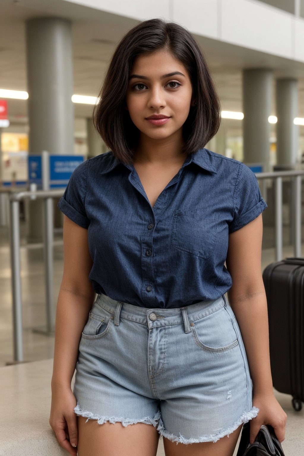 A photorealistic portrait of an 25-year-old Indian girl with captivating beauty, her hair styled in a chic bob and dyed ,wearing cord patterned blue shirt and and cotton shorts, curvy body, chic bob hair style, s , at  platform airport,The girl's expression should be peace and contentment, showcasing her enjoyment of the moment , front view

,SD 1.5