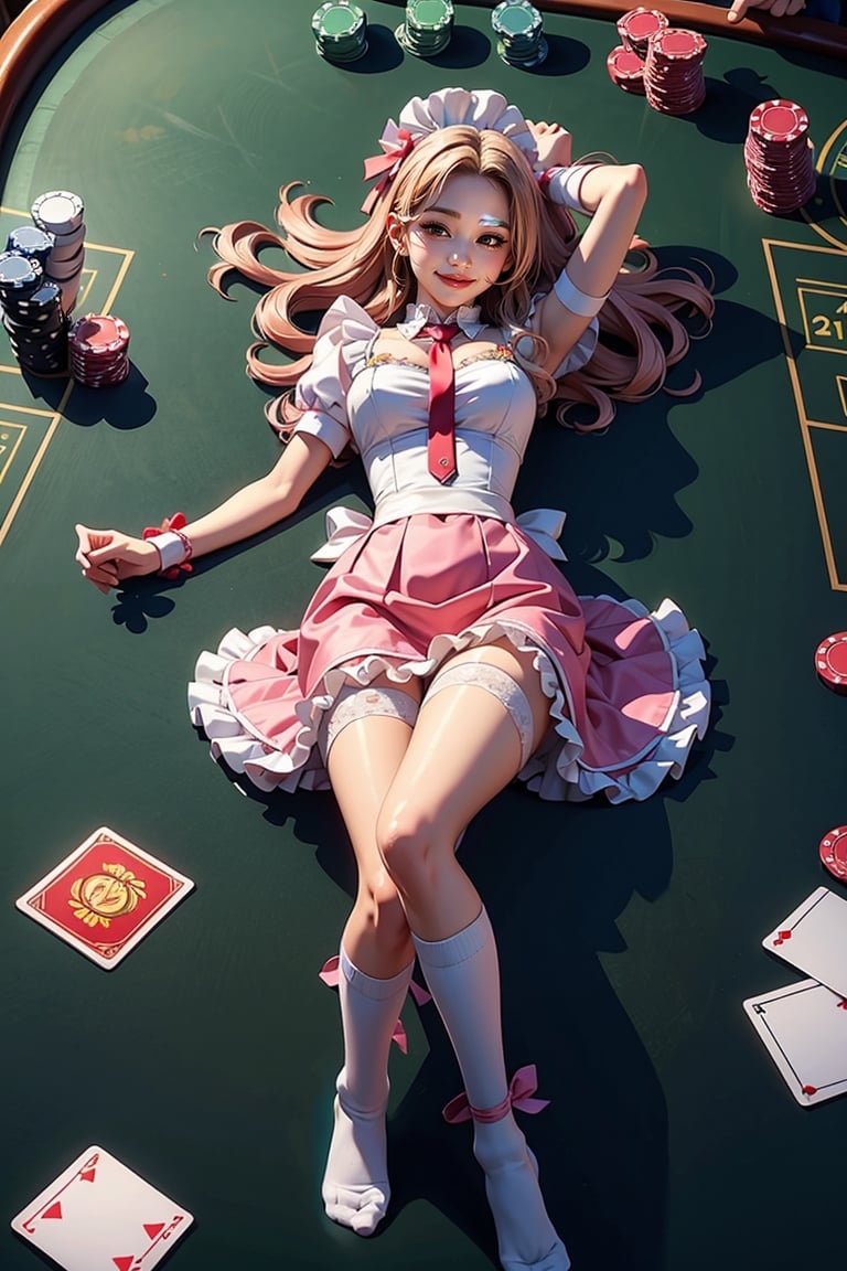 (masterpiece, best quality, ultra-detailed), slim body, ((1girl)), Casino Background, laying on table, from above, ,Maid uniform, frilled skirt, tulle, soft flowy fabric, ribbons, soft lighting, pink, long socks,glowwave