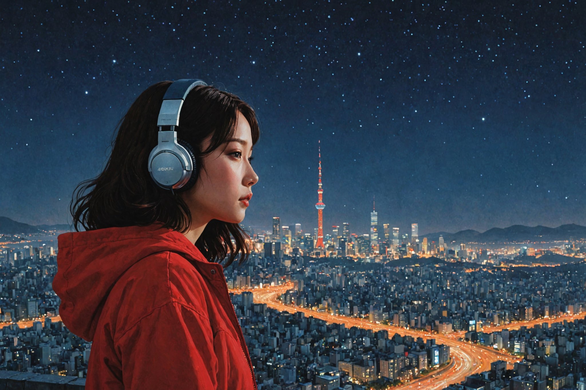 (best quality, masterpiece:1.2), style of satoshi kon, Bo Bartlett, 1girl, (seoul skyline:1.5), gradient constellation, (planet in the sky), detailed stars, detailed city, neon cityscape, magical realism, translucent, volumetric lighting, headphone, red jacket, dark colors, film grain, detailed, korean aesthetics, vibrant