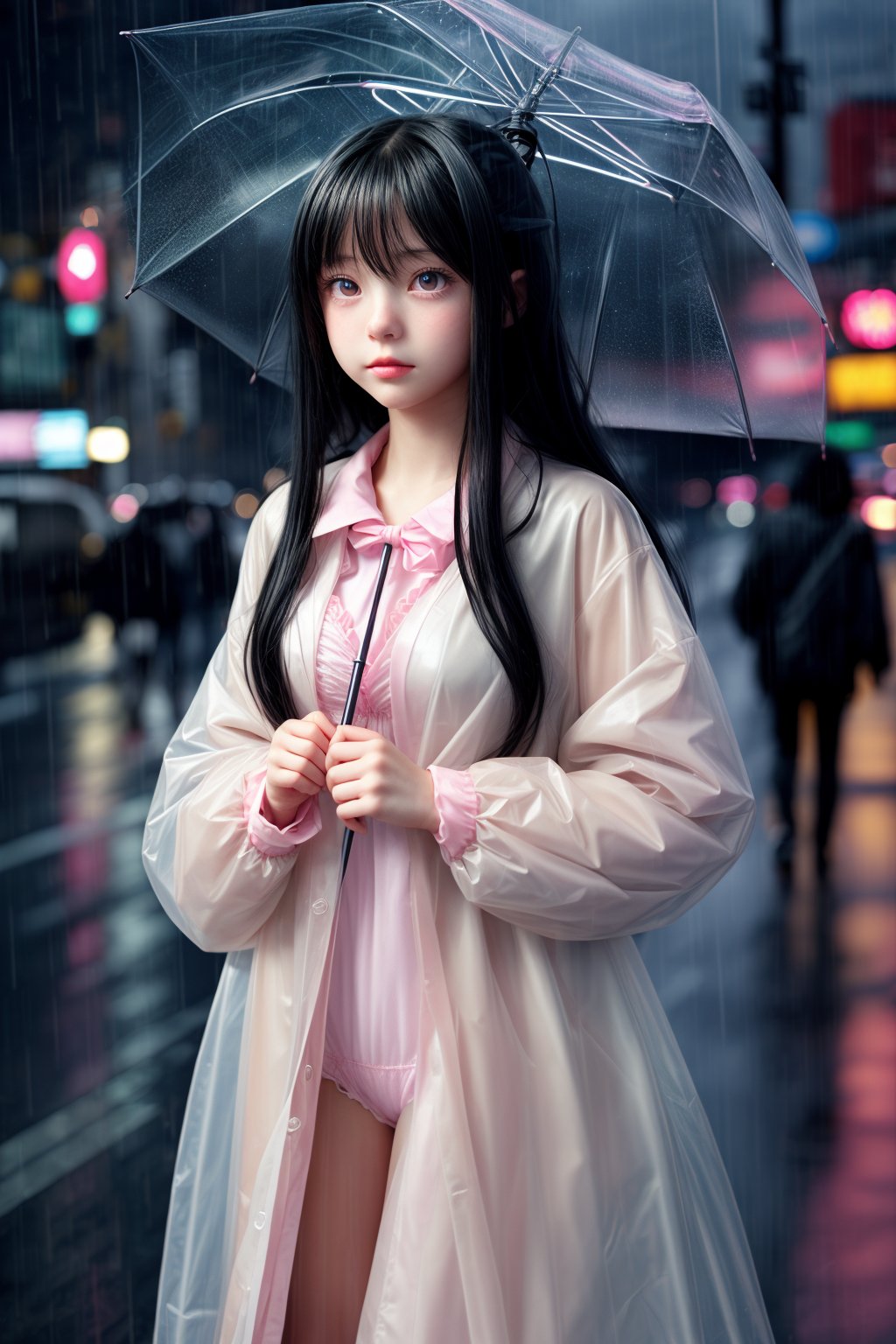 On a rainy night in the city, there was a lot of traffic. A girl with long black hair wearing a mask held up a transparent umbrella. She had exquisite facial features, bright eyes, and a perfect figure. She only wore an open raincoat to reveal her delicate figure. nipples, big breasts. Pink nipples. Delicate bangs