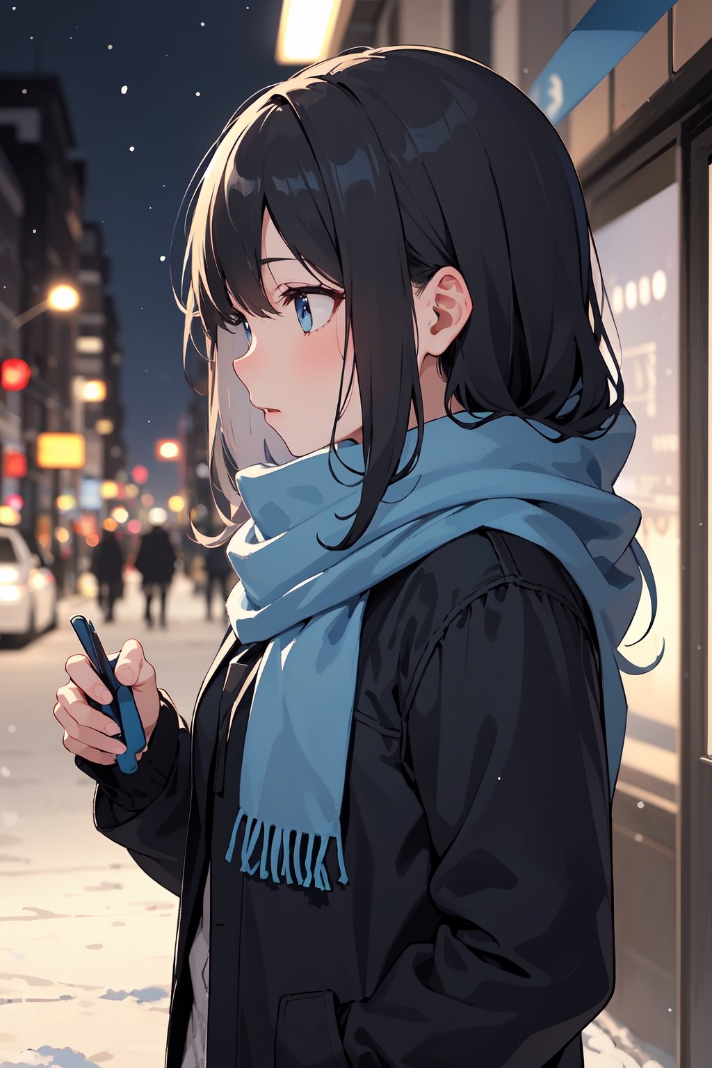 A long-haired girl looked up at the falling snowflakes alone on a dim  street at night. She wore a light blue scarf and winter casual clothes. She let out a soothing breath,45 degree side view