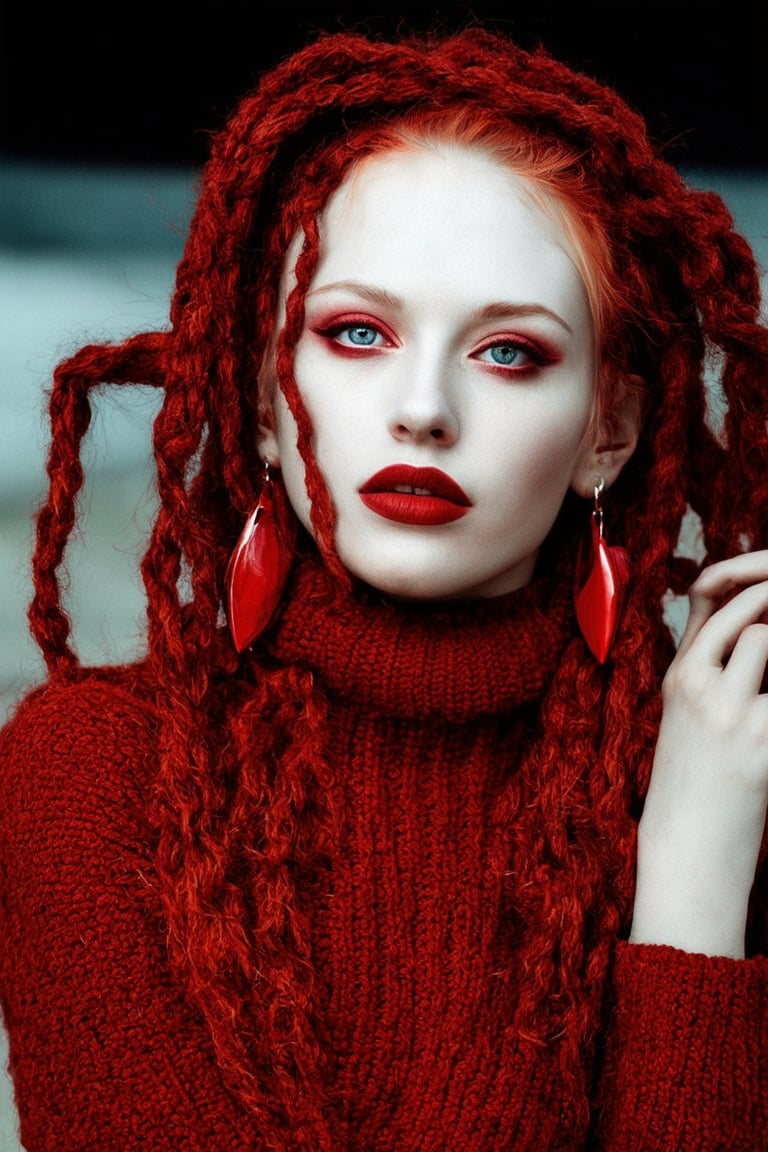 A surreal, mystical portrait of an albino woman, adorned with striking features: bold red eye and lip makeup, flowing long red dreadlocks cascading down her back, and oversized knitted red earrings framing her face. She wears a fitted, knitted red turtleneck sweater, her piercing blue eyes seeming to hold secrets. The atmosphere is serious, mysterious, and enchanted, as if she's conjuring magic in the shadows. in desert