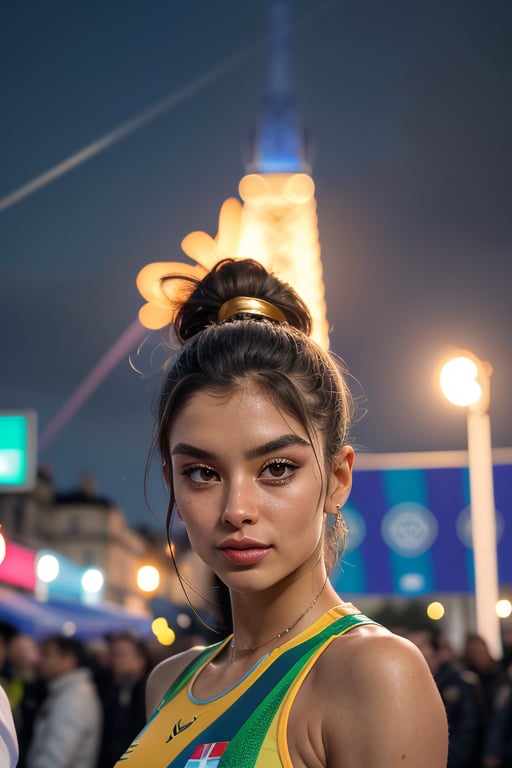 Create a stunning and highly detailed image representing the Olympic Games in Paris. The scene should feature the iconic Eiffel Tower as a backdrop, bathed in the golden hues of a sunset. In the foreground, include dynamic and diverse athletes engaged in various sports such as track and field, swimming, gymnastics, and cycling, each displaying intense focus and determination. The athletes should wear vibrant, modern athletic wear with the official Olympic colors and logos. Surrounding the athletes, incorporate symbolic elements of Parisian culture, such as elegant lampposts, French flags, and architectural details reminiscent of classic Parisian streets. The crowd in the background should be diverse, cheering enthusiastically, with confetti and banners adding to the festive atmosphere. Ensure the lighting highlights the athletes and key elements, creating a sense of energy and celebration. Use a high-resolution digital camera for the photography, with a wide-angle lens to capture the grandeur of the scene, and set the aperture at f/8 for depth of field, a shutter speed of 1/500 seconds to freeze motion, and ISO 200 for clarity. The image should convey the spirit of unity, competition, and cultural richness, encapsulating the essence of the Olympic Games in Paris