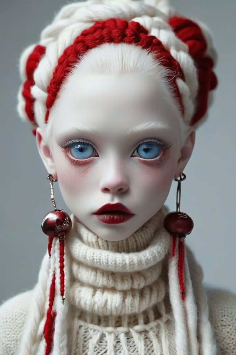 popovy doll, albino woman, red eye and lip makeup, long red dreadlocks, big knitted red earrings, knitted red turtleneck, blue eyes, surreal style, magical and mysterious, serious mood