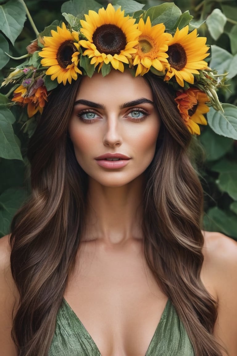 Here's a photorealistic prompt for a beautiful woman with a flower crown:

A stunning woman with luscious dark brown hair and striking fox eyes gazes directly into the camera. Her flawless skin glows with a natural light, complemented by her full rusian big lips, hyaliuronic big lips, increased lips, symetrical eybrovs and eyes, slightly parted in a sultry smile. A vibrant yellow and green flower crown, inspired by Mexican folklore, adorns her head, featuring sunflowers and leaves. Large magenta tassel earrings add a touch of elegance. Soft natural light illuminates the scene, casting a warm glow on the subject's smooth complexion. The camera captures her confidence and sensuality in a 4:3 aspect ratio at 8k resolution.,FACEJERK,fear,anger,sad,4k,(PnMakeEnh),long hair