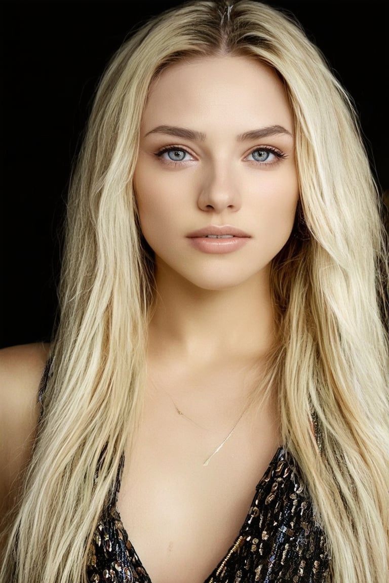 (best quality, 4K, 8K, high-resolution, masterpiece), sharp,ultra-detailed, realistic, photorealistic, woman, long blond hair, looking at viewer, blue eyes, simple background, jewelry, tanned skin, black background, portrait of 19 year old kmgirl1 ,perfect teeth