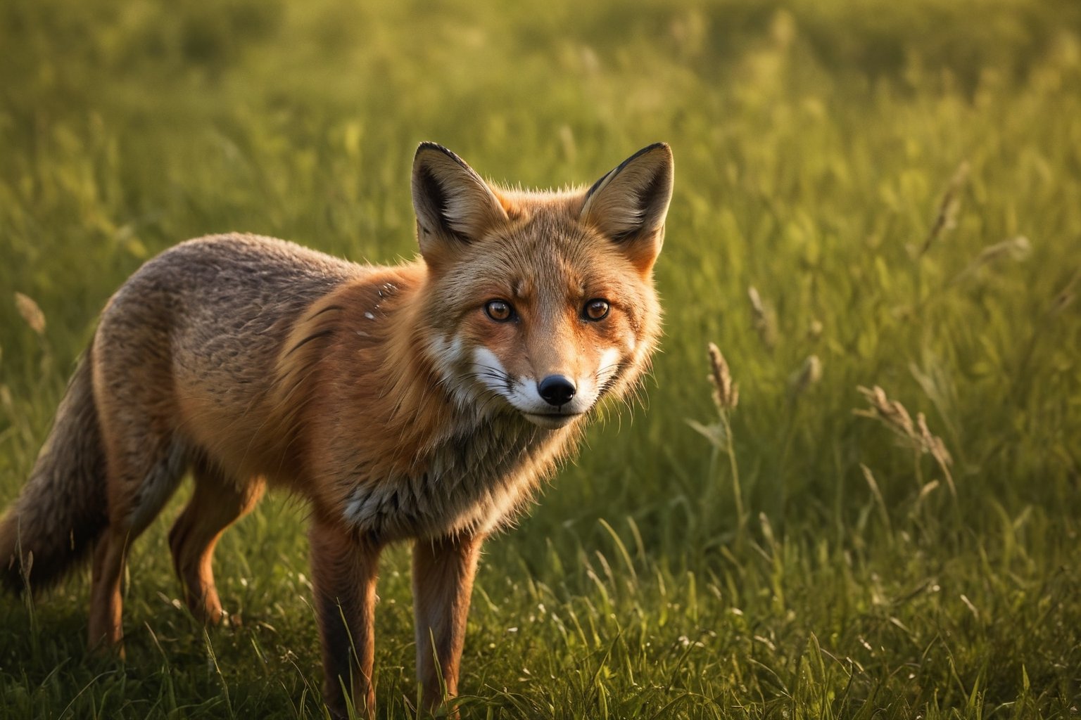red fox, wild narture, grass, hyper realistic image 
