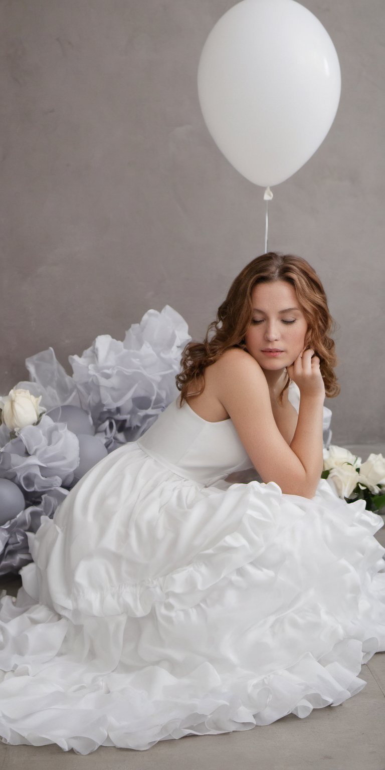 In the image, there is a woman seated indoors. She is wearing a white dress with a ruffled neckline and her hair is styled in loose waves. The woman is holding a white rose close to her face, suggesting a moment of contemplation or connection with the flower. The background is minimally decorated with grey balloons, indicating a possible celebratory event. The overall tone of the image is serene and introspective.