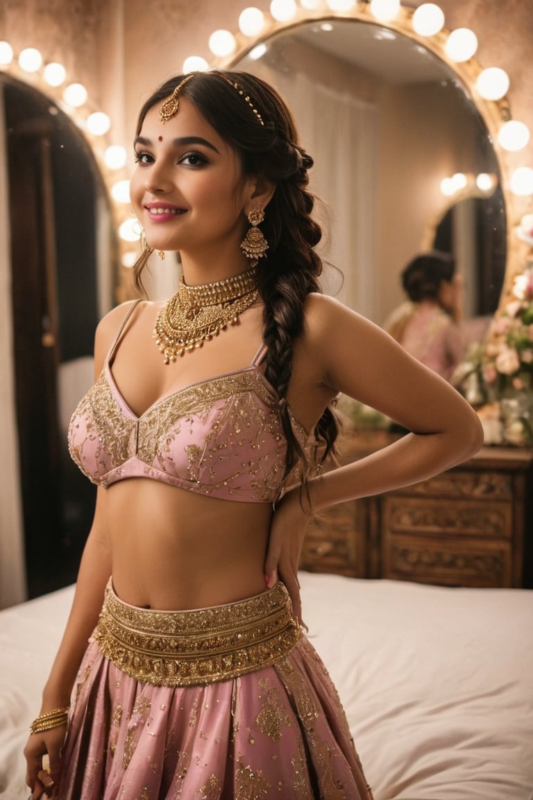 The image depicts a young woman in a traditional Indian attire, likely a black lehenga, which is a type of skirt. The outfit is black with gold detailing, and she has paired it with large, dangling earrings and a choker-style necklace. Her hair is styled in a braid, and she is wearing makeup that includes dark eyeliner and pink lipstick. She is smiling and appears to be posing for the photo. The background suggests an indoor setting, possibly a bedroom, indicated by the presence of a bed and a mirror reflecting her image. The lighting seems to be artificial, coming from a source outside the frame.,Extremely Realistic,detailed skin